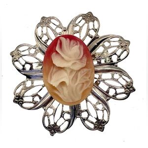 Vintage Cameo Brooch Pin Floral Design Silver Tone Openwork Filigree